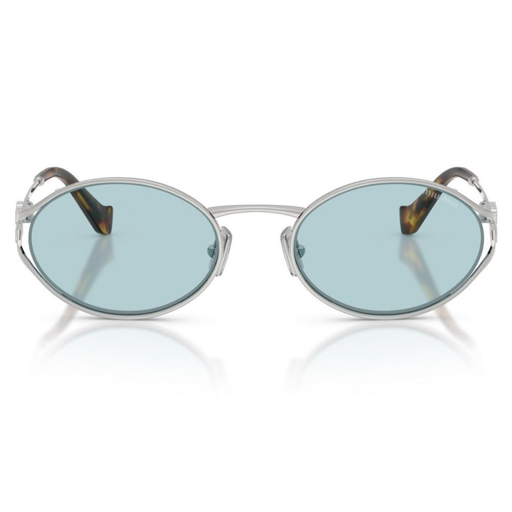 Óculos de Sol Miu Miu MU 52YS Oval Prata Lentes Azuis Proteção UV Feminino Elegante