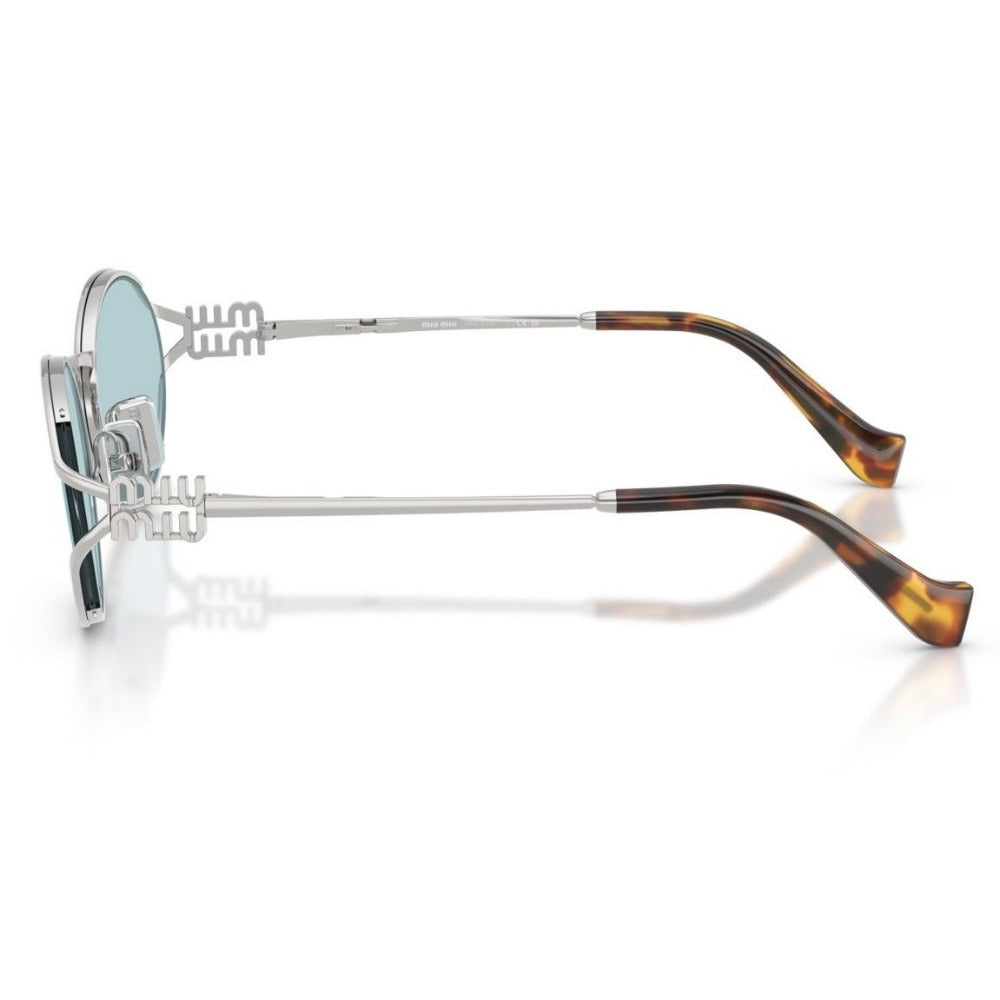 Óculos de Sol Miu Miu MU 52YS Oval Prata Lentes Azuis Proteção UV Feminino Elegante